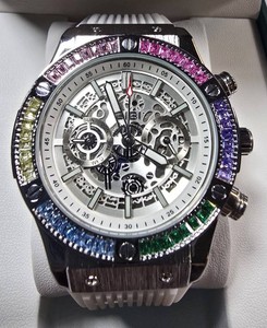 NEW BIBI Automatic Skeleton Watch  Multicolor Crystal Bezel  White Strap  43.5mm  Box