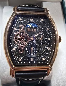 NEW BIBI Automatic Skeleton Tonneau Watch  Rose Gold-Tone  Black Strap  Box & Tag