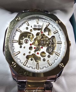 NEW BIBI Automatic Skeleton Watch  Two-Tone Gold & Silver Bracelet  Box