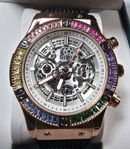 NEW BIBI Automatic Skeleton Watch  Multicolor Stone Bezel  Rose-Gold Tone  Box & Tag