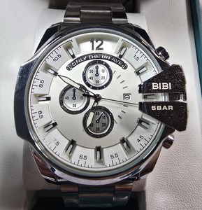 NEW BIBI K7073 Chronograph-Style Watch  White Dial  Stainless Bracelet  5 BAR  Box & Tag