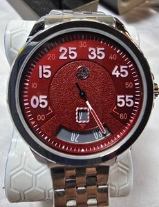 NEW AJ Sun-Timer Mens Red Dial Watch  44.65mm  Stainless Bracelet  $299.99 Tag  Box