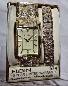 NEW Elgin FG16001GST Gold-Tone Crystal Watch & Bracelet Set  $74 Retail  Box & Tag