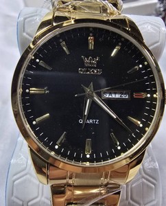 NEW OLEVS Gold-Tone Quartz Watch  Black Dial  Day-Date  Box & Manual