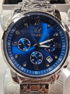 NEW OLEVS Blue Dial Multifunction Watch  43mm  Stainless Steel  Box & Manual