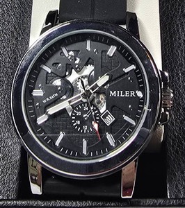 NEW MILER Skeleton-Style Black Dial Watch  44mm  SiliconeComposite Strap  Box & Tag