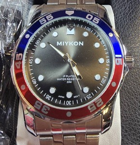 NEW MIYKON Stainless Steel Watch W Seiko Movement  Red & Blue Bezel  Model Y2G06-1081  44.56mm  Box & Tag