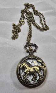 Antique-Style Horse Pocket Watch Necklace  Quartz  Bronze-Tone Case & Chain