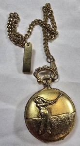 Vintage-Style Mivan Golfer Pocket Watch  Gold-Tone Hunter Case, Chain & Box