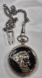 Riviera Quartz Train Pocket Watch  Silver-Tone Hunter Case, Chain & Box