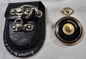 Colibri Gold-Tone Quartz Pocket Watch w Date  Black Carrying Pouch & Chain