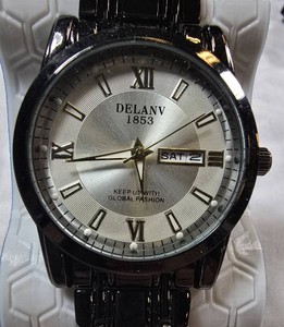 NEW Delany 1853 Black Stainless Steel Watch w Smoothing Sweeping Quartz  DayDate  40.45mm  Box