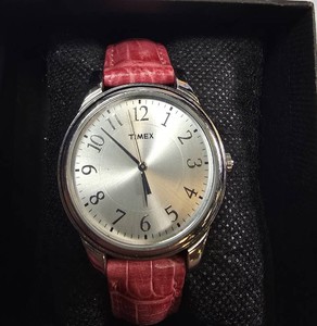 Timex Silver-Tone Watch w Red Leather-Style Strap  32.55mm  Box