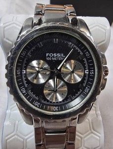 Fossil BQ-9313 Silver-Tone Multifunction Watch  Black Dial  100M Water Resistant  Box