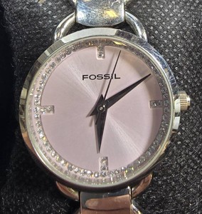 Fossil FS-1356 Silver-Tone Pink Crystal-Accent Watch  Open-Link Bracelet  Box