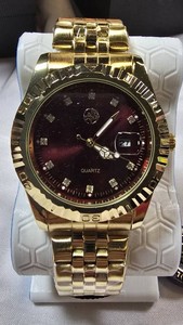 AJ Gold-Tone Quartz Watch  Burgundy Dial  Crystal-Style Markers  41mm  NEW