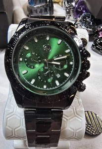 NEW AJ Black Steel Watch  Green Multi-Dial  42mm  Box & Tag