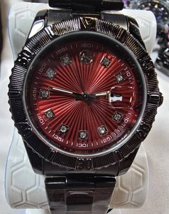 NEW AJ Black Watch  Red Sunburst Crystal-Style Dial  41mm  Box & Tag