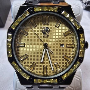 NEW AJ VIP Black & Gold Watch  Crystal-Style Bezel  $199.99 Retail  Box & Tag