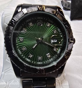 NEW AJ Black-Tone Watch  Green Sunburst Dial, Crystal-Style Markers & Magnified Date  Box & Tag