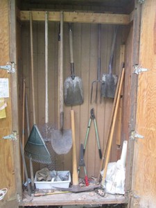 Variety of shovels, Pitch fork, pruning tools, edger, pick axes and other lawn care supplies