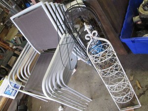 (6) Metal framed mesh fabric outdoor patio chairs, metal folding planters and other misc shown