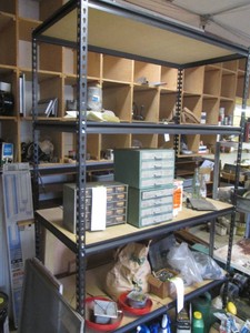 Heavy duty 5-tier metal franed storage shelf with wood surface inserts approx 42x28x86in
