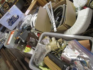 Massive mountain of assorted vintage through modern day electrical supplies, machine screw anchors, pulleys, mini hand vac rotary dial telephone, rackets, ice scrapers, door and drain hardware, Soldering supplies, misc user manuals and so much more