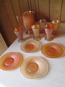 Vintage Marigold Jeanette Crackled glass set to include 1-Pitcher, 5-cups and 4-saucers