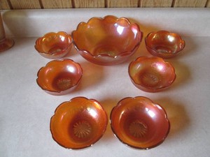 Vintage iridescent carnival glass sawtooth dish, scalloped edge candy dishes, ruffled edge dish and vase, Amberina dish and more