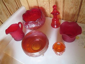 Vintage carnival Ruby Red glassware pieces, Amberina decanter and more