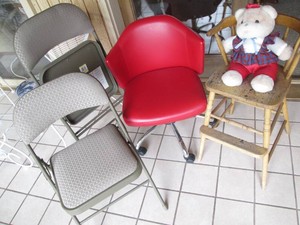 Vintage wood high-chair styled wood stool, Pair of padded seat metal folding chairs and a red pleather rolling office chair