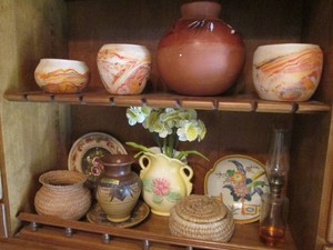 Nemadji Clay Native pots, German Stoneware, Hull pottery vase and assorted decor shown in pics