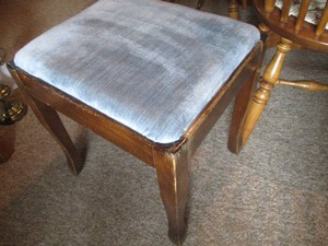 Vintage wood single person bench stool with crushed velour upholstered seat