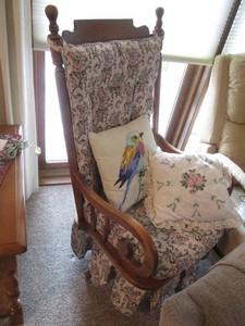 Vintage wood framed and upholstered end table set. decora