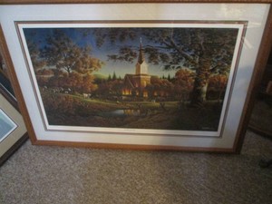 Sunday Morning, Natures Congregation Gathering Around The Country Church. Signed, numbered and framed print by Terry Redlin approx 41x29in