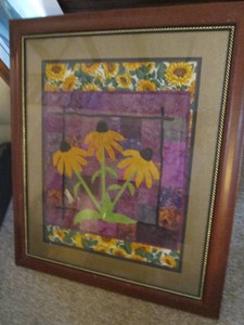 Sunflower themed fabric art in a beautiful large 34x40in frame