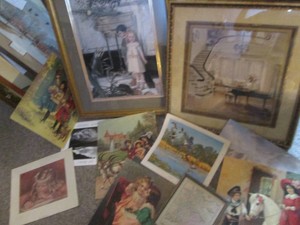 Vintage framed wall art and variety of Victorian style unframed decor variety. Largest piece approx 39x29in