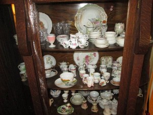 Huge collection of Vintage Bone China cups, saucers, and assorted dishes, Depression Era glassware and misc home decor.