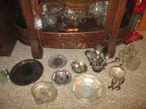 Vintage Decorative glass punch bowls with matching cup sets, Stainless steel and Silver-Plated flatware, depression era glassware and assorted metal serving plates