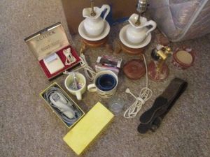 Vintage PitcherWater Basin on wood Stool shaped Table lamps and a variety of vintage personal care supplies