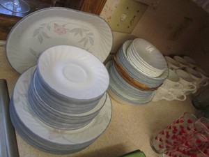 Soft tone floral pattern Corelle Plates, saucers, various size bowls, platters and mug set