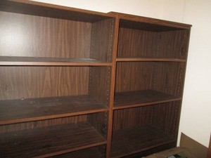 (3) Laminate wood tone multi-tier bookshelf approx 28x10x71in