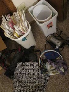 Small trash bins, plastic clothes hangers, hair care aids and more