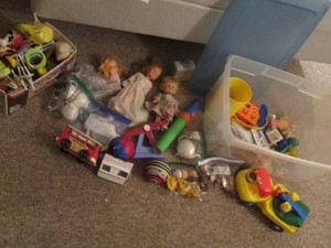 Covered Tote with a wide variety of vintage childrens toys including Little Tykes, view master, tea set, farm animals, rubberized toys and more
