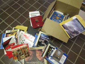 Box of vintage newspaper, magazine, books and manuals