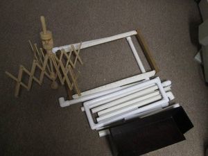 Knitting supplies, including wood yarn holder