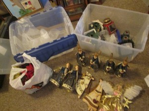 2 Covered totes of Christmas decor and figures