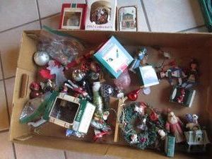 Collection of assorted vintage through modern day Christmas ornaments and decor