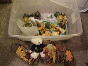 Covered Tote containing a variety of autumn harvest seasonal decor